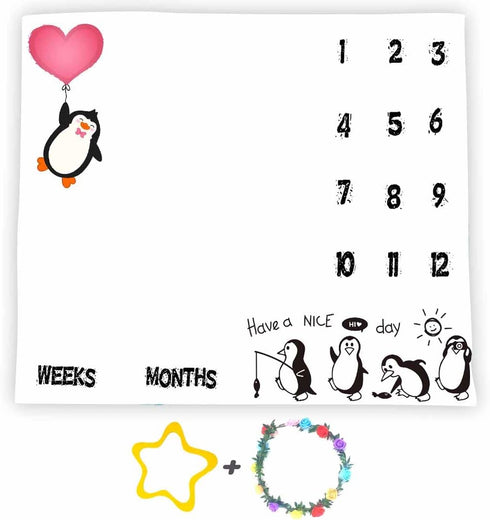 Penguin Baby Monthly Milestone Blanket, 48x40in Soft Flannel, Red Love Heart, Newborn Mom Gifts, Baby Shower Age Growth Tracker with Bonus Maker B...